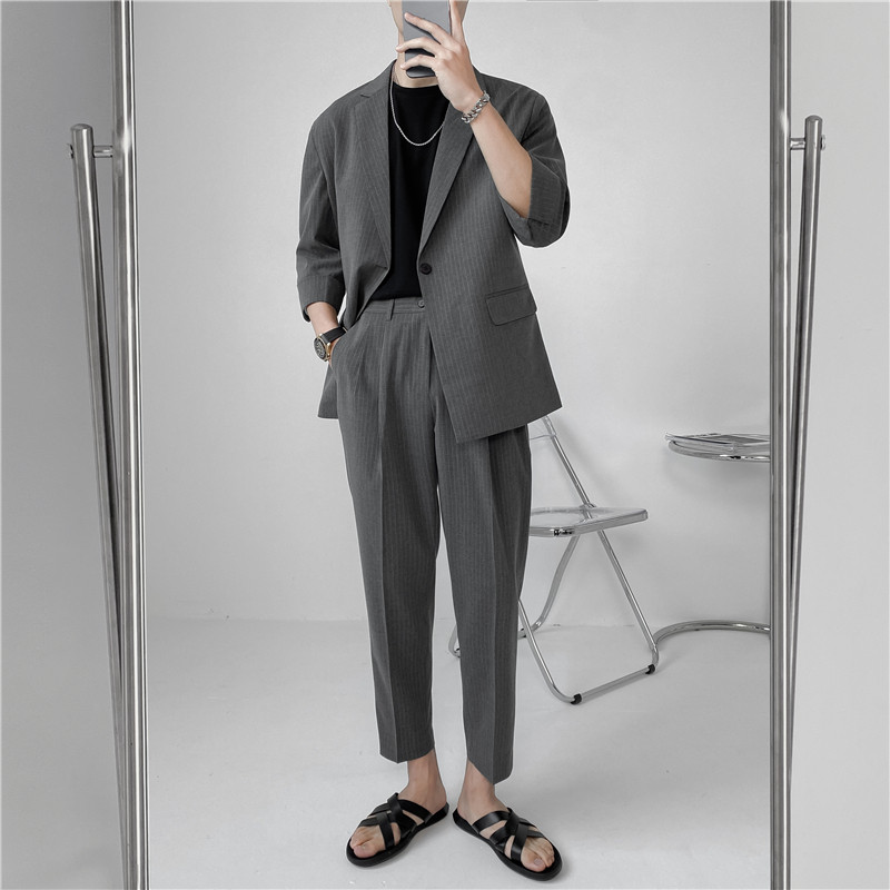 23轻熟风微宽英伦条纹中袖西服+阔版九分裤套装TZ13-P195,男装西服,电商C308
