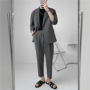 23 轻熟风微宽英伦条纹中袖西服+阔版九分裤套装 TZ13-P195图片