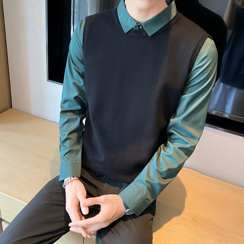 秋冬毛衣假两件衬衫领针织背心套头毛衣男潮墨绿色MY4-P75,男装背心/马甲,电商C308