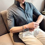 雅痞个性青年条纹V领衬衫男中袖帅气修身休闲立领痞帅衬衣C07-P68，男装衬衫，电商C308