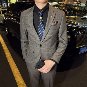 秋冬款 英伦韩版修身男士商务休闲格子西服外套咖啡色X30-P155，男装西服，电商C308