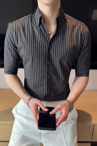 雅痞青年网红个性V领衬衫男中袖帅气修身休闲立领痞帅衬衣C09-P68图片