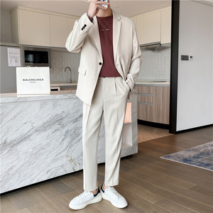 轻熟风英伦纯色一粒扣西服套装阔版宽松休闲西装米白色TZ17-P220，男装西服套装，电商C308