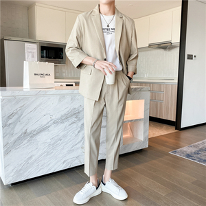 轻熟风微宽英伦条纹中袖西服  九分裤套装 深灰色TZ13-P195图片