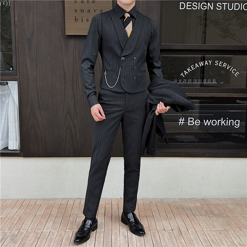 新郎婚礼伴郎服礼服马甲男士高级感双排扣条纹马甲MJ918-P70,男装背心/马甲,电商C308