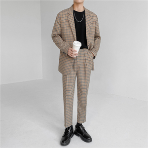 轻熟风英伦小细格长袖西服+阔版九分裤套装 TZ18-P215，男装西服，电商C308