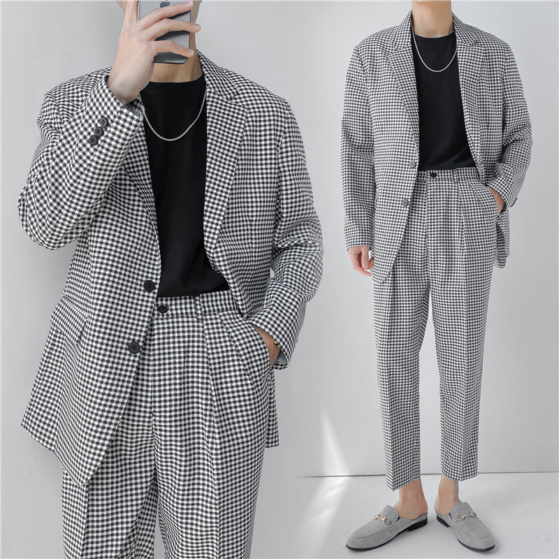21春夏款轻熟风英伦小细格长袖西服+阔版九分裤套装TZ18-P215,男装西服,电商C308