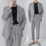 21春夏款轻熟风英伦小细格长袖西服+阔版九分裤套装TZ18-P215，男装西服，电商C308