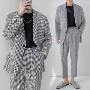 21 春夏款 轻熟风英伦小细格长袖西服+阔版九分裤套装 TZ18-P215图片