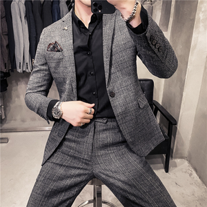 20秋冬款英伦时尚休闲商务格子西服男士二件套套装LJT956-特P200,小男孩英伦穿搭图片
