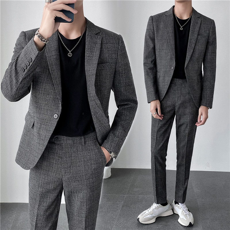轻熟风ins韩版修身男士休闲格子西服套装西装套装LJT956-特P200,男装西服套装,电商C308