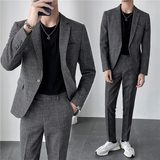 ins轻熟风韩版修身男士休闲格子西服套装西装套装LJT956-特P200，男装西服套装，电商C308