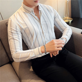 秋冬韩版修身长袖衬衫男英伦宽条纹男士衬衣C88268-P65，男装衬衫，电商C308
