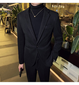 秋冬英伦韩版修身男士商务休闲一粒扣呢料西服外套黑色X33-P155，男装西服，电商C308
