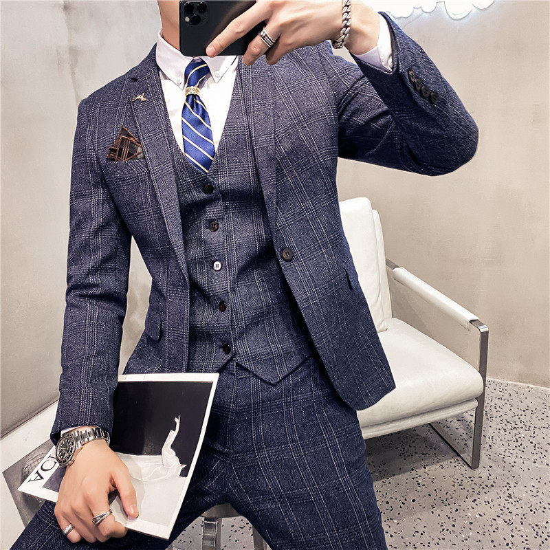 20秋冬款英伦韩风修身时尚商务格子西服男士三件套SJT956-特P260,男装西服,电商C308