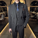 韩版修身男士双排扣条纹西服三件套新郎伴郎套装咖啡色SJT29-P280，男装西服，电商C308