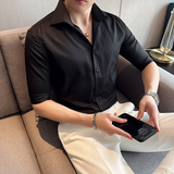 雅痞青年个性一字V领衬衫中袖帅气修身休闲立领痞帅衬衣男C01-P60，男装衬衫，电商C308