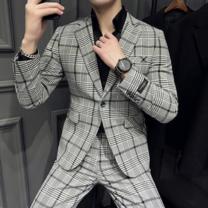 春夏新款 英伦韩版修身男士休闲格子西服套装新郎套装LJT818-P220图片
