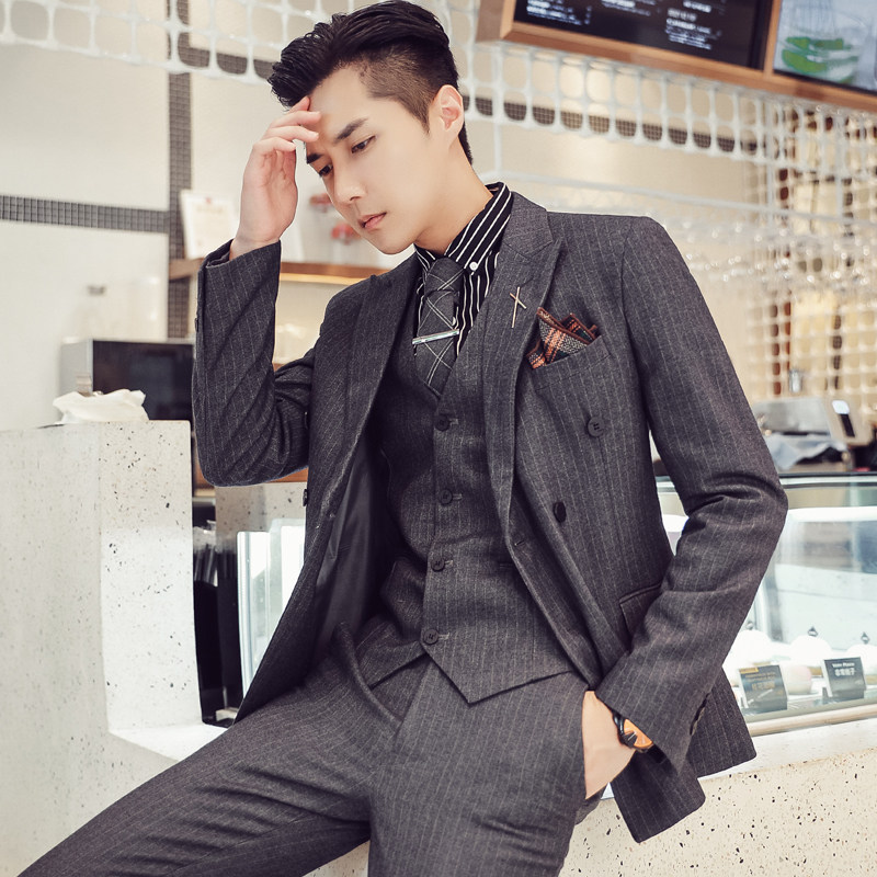 高品质韩版修身条纹双排扣西服三件套装SJT903A双排扣-P265，男装西服，电商C308