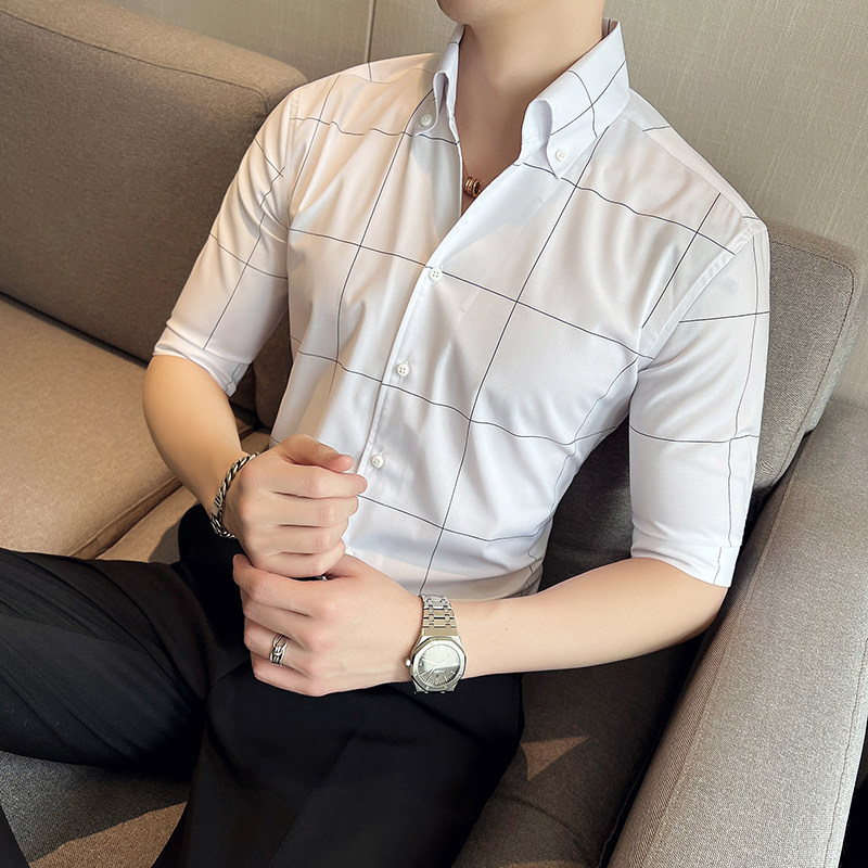 雅痞青年格子个性V领衬衫中袖帅气修身休闲立领痞帅衬衣男C04-P68,男装衬衫,电商C308