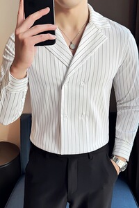 秋冬款古巴领英伦经典条纹双排扣男士长袖衬衫C15-P70图片
