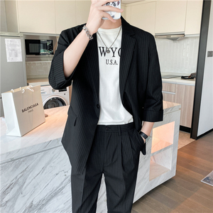 轻熟风微宽英伦条纹中袖西服  九分裤套装 黑色TZ13-P195图片