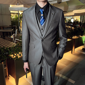 英伦韩版修身男士休闲商务西服三件套新郎套装灰色SJT888-P285，男装西服，电商C308