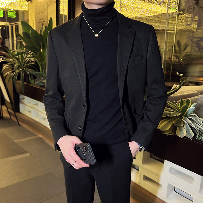 秋冬装英伦男士毛呢条纹西服外套时尚休闲加厚单西黑色X36-P155图片