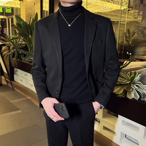 秋冬装英伦男士毛呢条纹西服外套时尚休闲加厚单西黑色X36-P155图片