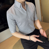 雅痞青年个性网红V领衬衫男中袖帅气修身休闲立领痞帅衬衣C08-P68，男装衬衫，电商C308