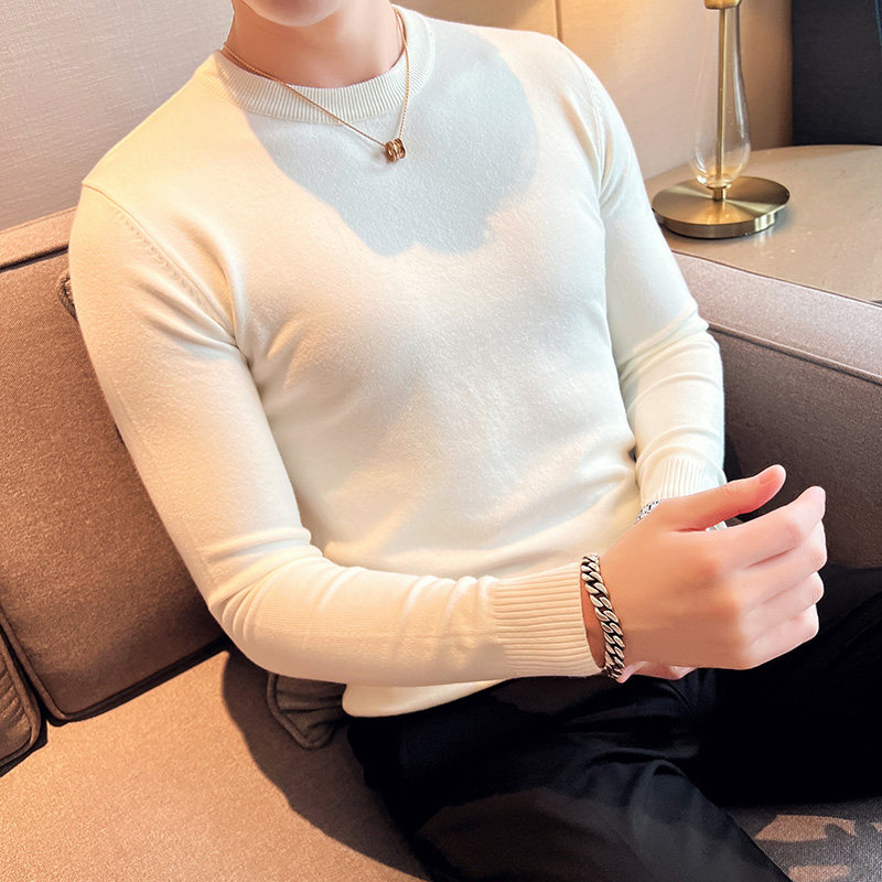 秋冬韩版圆领修身打底衫套头纯色针织衫精致毛衣白色B5551-特P45，男装T恤，电商C308