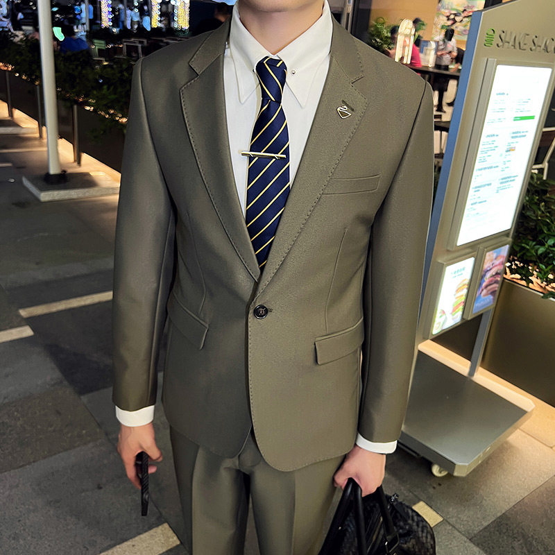 秋冬款英伦韩版修身男士商务休闲纯色西服外套军绿色X888-P150，男装西服，电商C308