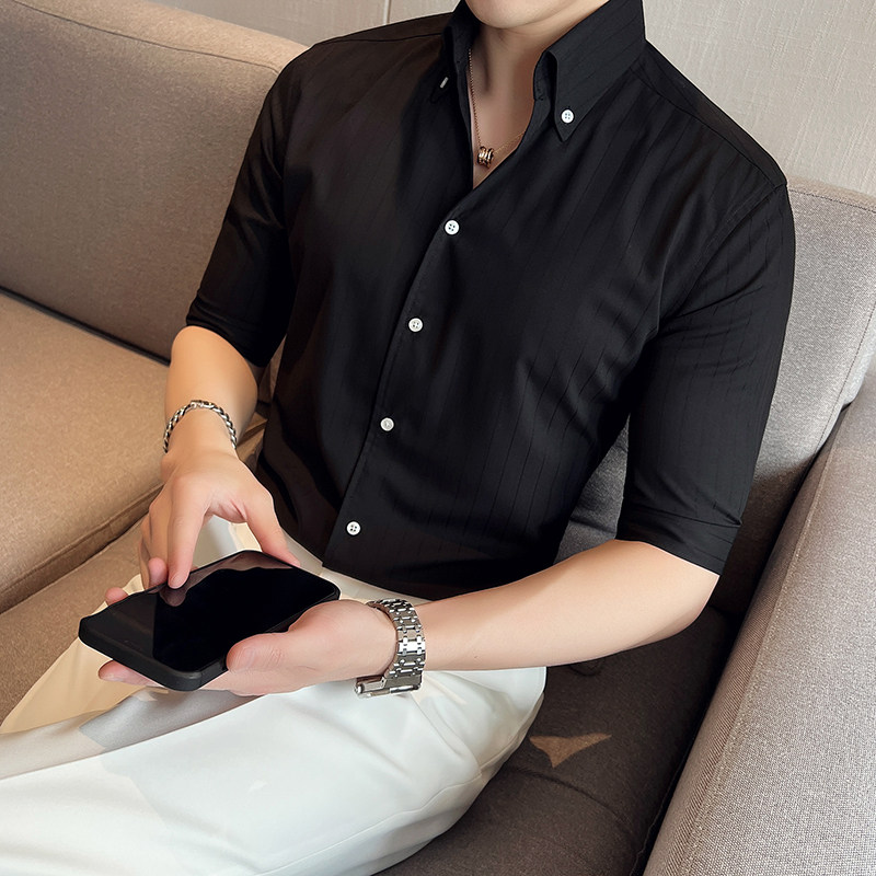 雅痞个性青年条纹V领衬衫男中袖帅气修身休闲立领痞帅衬衣C03-P68,男装衬衫,电商C308