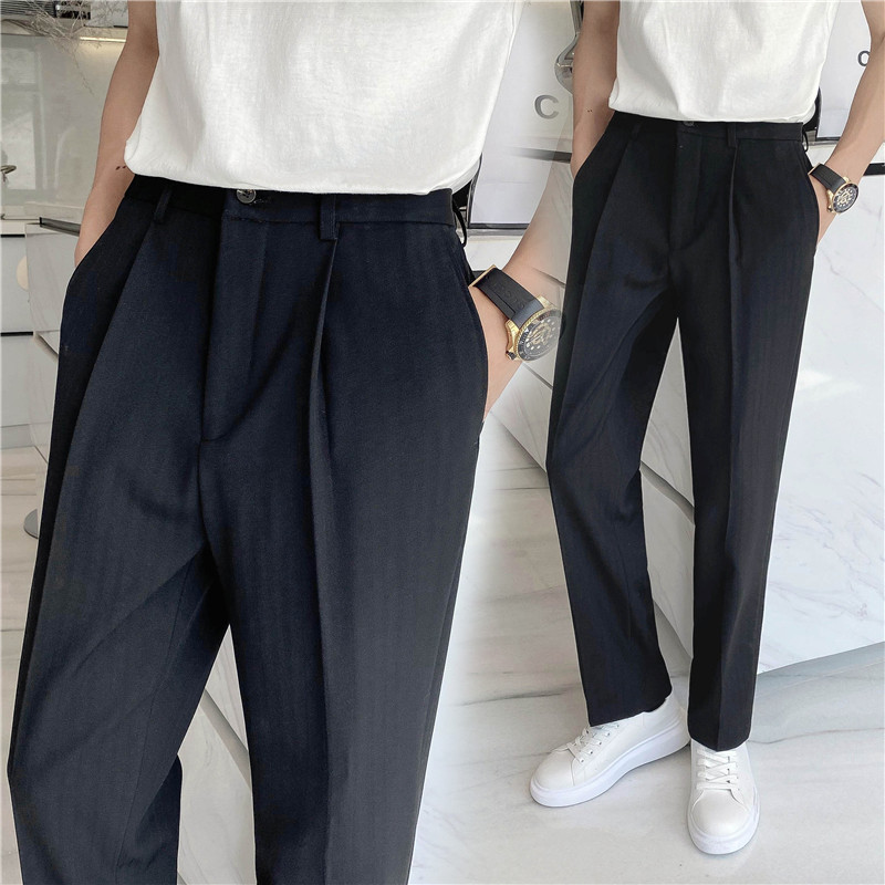 轻熟风ins宽松时尚条纹休闲西裤阔版纯色直筒长裤K23-P75，男装西裤，电商C308