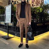 秋冬英伦韩版修身男士休闲中长款呢料西服套装卡其色LJT34-P235，男装西服套装，电商C308