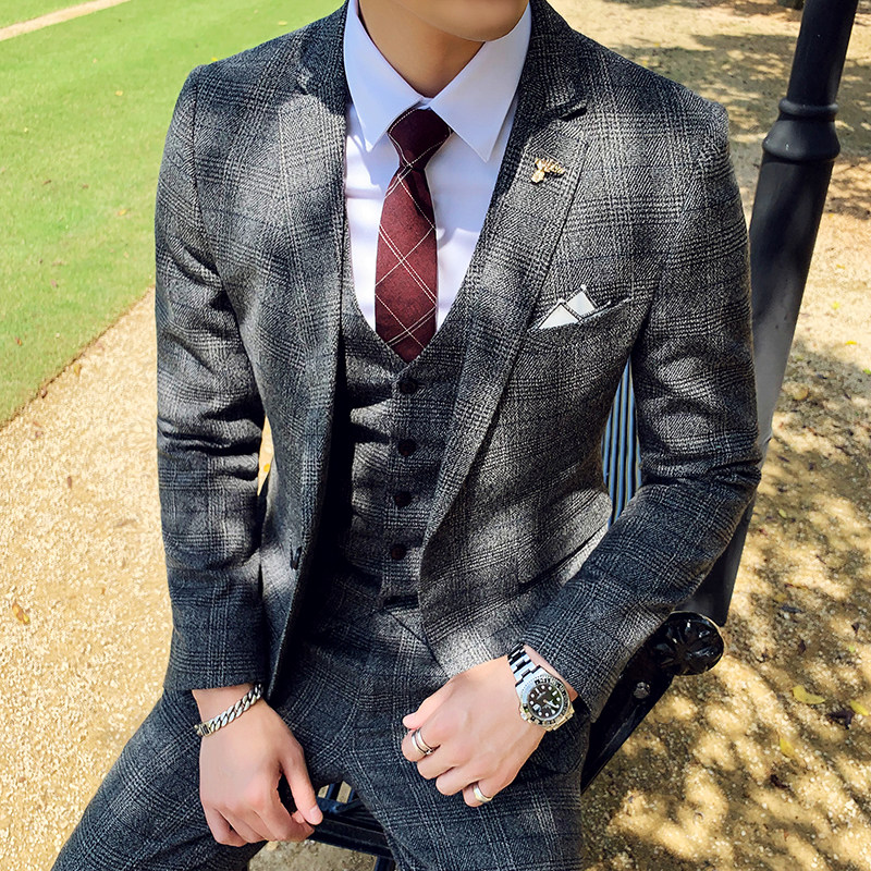 秋冬新款英伦韩版修饰格子男士西服三件套TZ136-特P260,男装西服,电商C308
