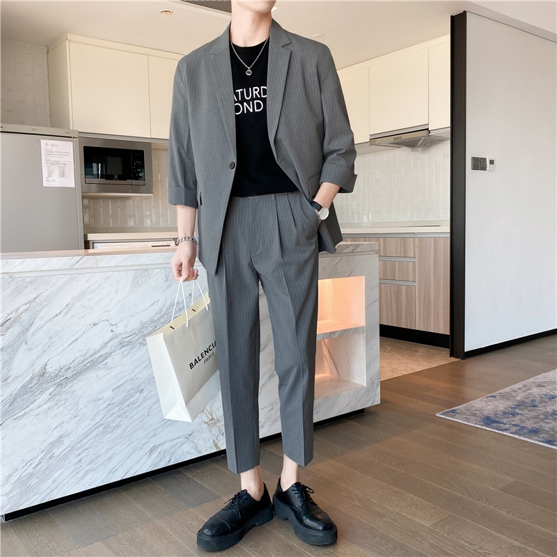 轻熟风微宽英伦条纹中袖西服九分裤套装深灰色TZ13-P195，男装西服，电商C308