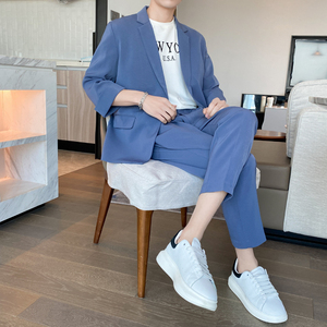 轻熟风英伦纯色阔版中袖西服九分裤套装 TZ15-P195图片
