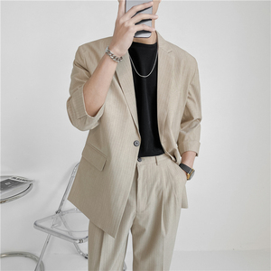 23春款 轻熟风微宽英伦条纹中袖西服+阔版九分裤套装 TZ13-P195图片
