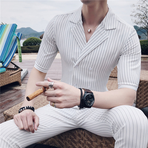 23春夏季款 英伦条纹中袖双排扣衬衫+九分裤套装LJT238-P135图片