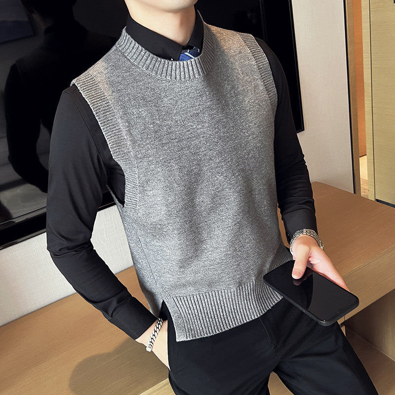秋冬韩版修身马甲背心毛衣潮流百搭休闲圆领针织衫浅灰C67003-P70，男装背心/马甲，电商C308