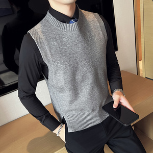 秋冬韩版修身马甲背心毛衣潮流百搭休闲圆领针织衫浅灰C67003-P70，男装背心/马甲，电商C308