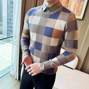 秋冬毛衣拼接假两件衬衫领针织背心套头毛衣男潮黑色 MY5090-P95图片