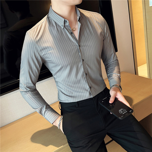 秋冬 韩版修身长袖衬衫男 英伦条纹男士衬衣C88270-P65图片