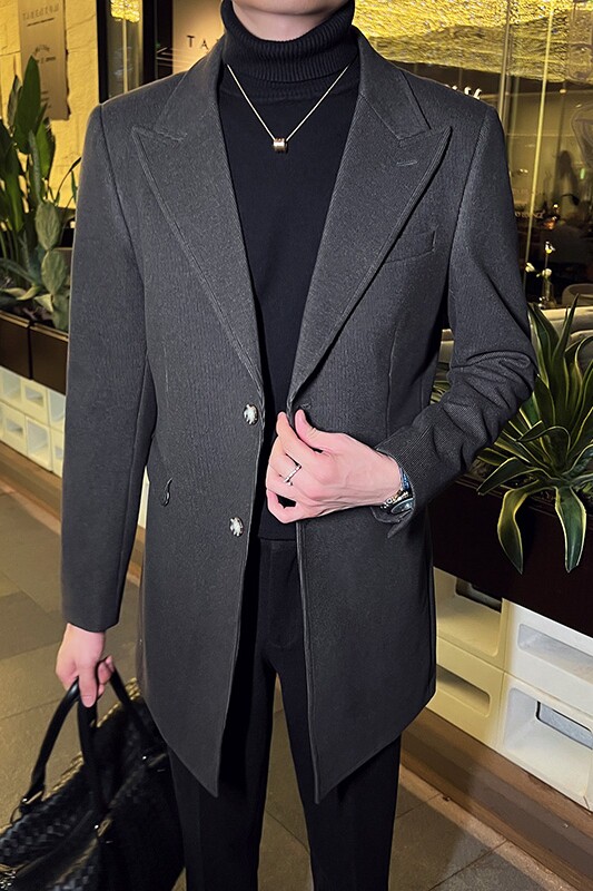 秋冬英伦韩版修身男士商务休闲中长款西服呢料外套米白色X35-P170,男装西服,电商C308