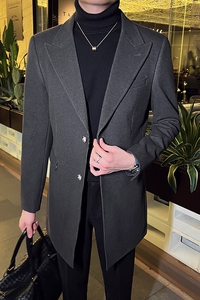 秋冬英伦韩版修身男士商务休闲中长款西服呢料外套米白色X35-P170图片