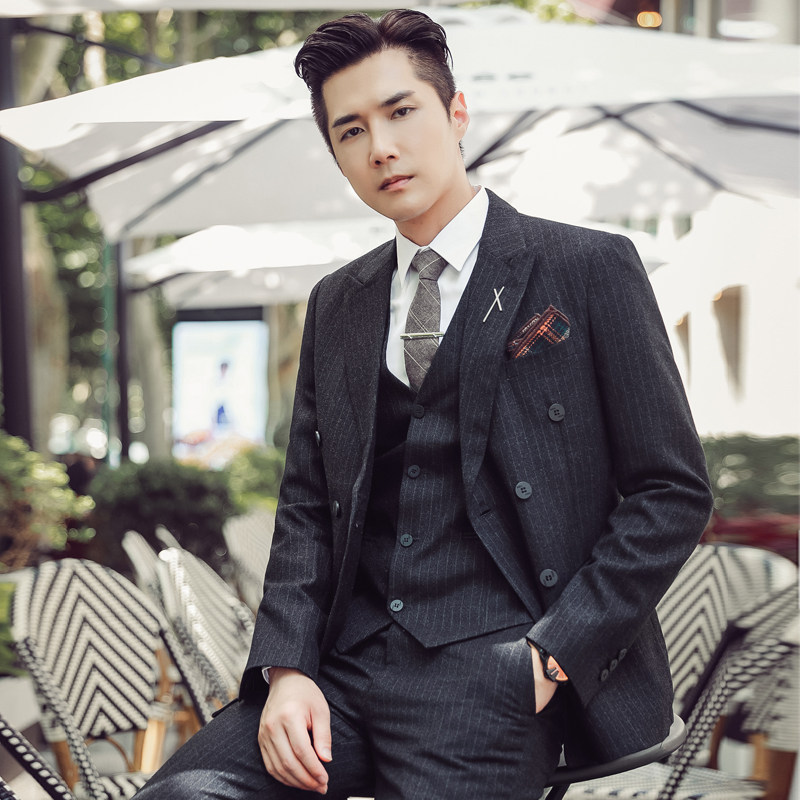 高品质秋冬韩版修身条纹双排扣西服三件套装SJT903A双排扣-P265，男装西服，电商C308