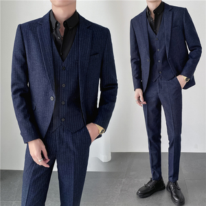 ins轻熟风秋冬韩版修身男士休闲条纹西服三件套装SJT903-P265，男装西服，电商C308