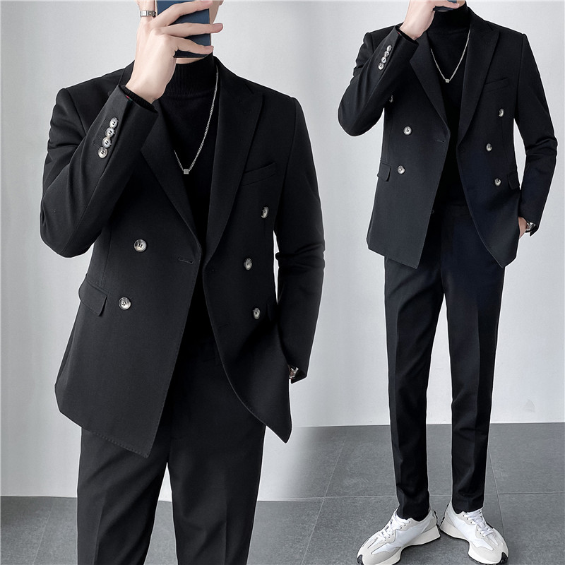 轻熟风ins韩版修身休闲双排扣纯色西服套装男士外套LJT830A-P220,男装西服套装,电商C308
