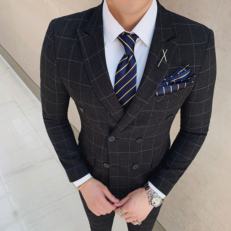 秋冬款英伦经典方格修身男士双排扣西服外套X131-P150,男装西服,电商C308